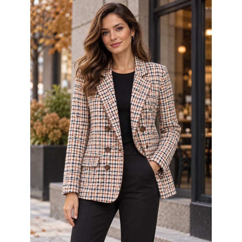 Marled Houndstooth Double Breasted Knit Blazer Womens Large Heritage Academia
